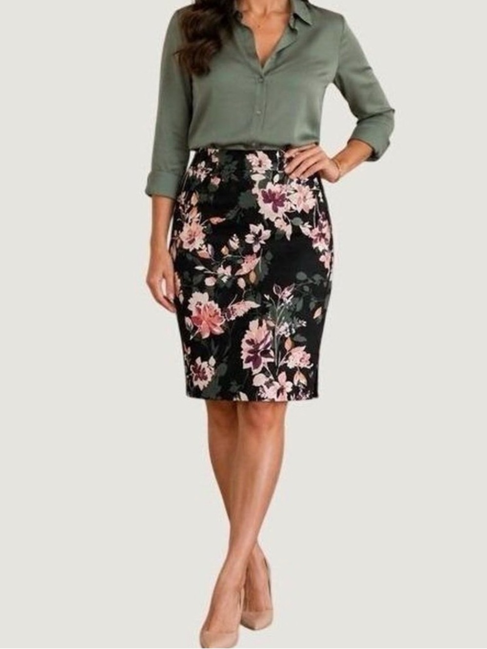 White House Black Market Black Pencil Skirt with Pink Floral Print